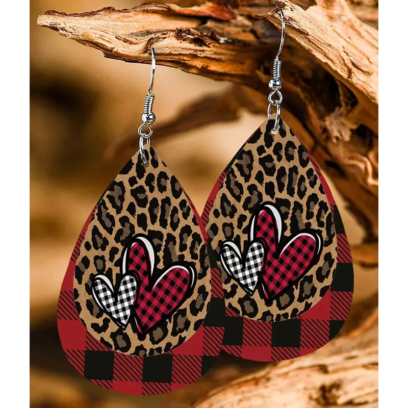 

2022 New Fashion Gift Valentine Leopard Plaid Heart Double-Layered Earrings