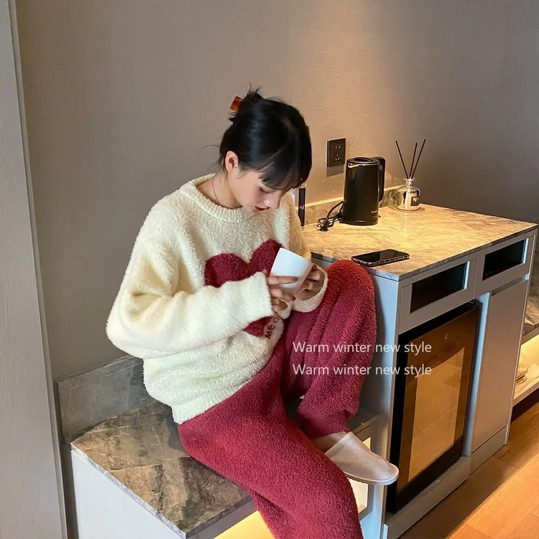 

Harajpee Women Pajamas 2021 Spring Autumn Winter Korean Simple Casual Warm Love Coral Velvet Thickened Cute Lazy Home Wear Suits