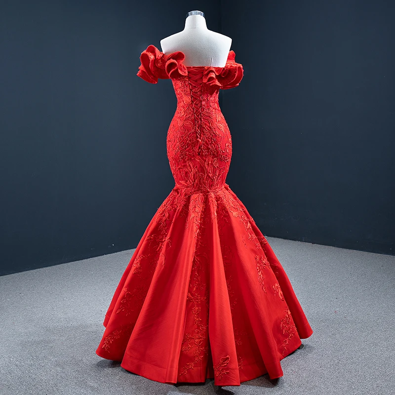 J67173 Jancember Red Boat Neck Mermaid Evening Dresses  Applique Ruffle Off The Shoulder Ball Gown فساتين السهرة вечерние платья