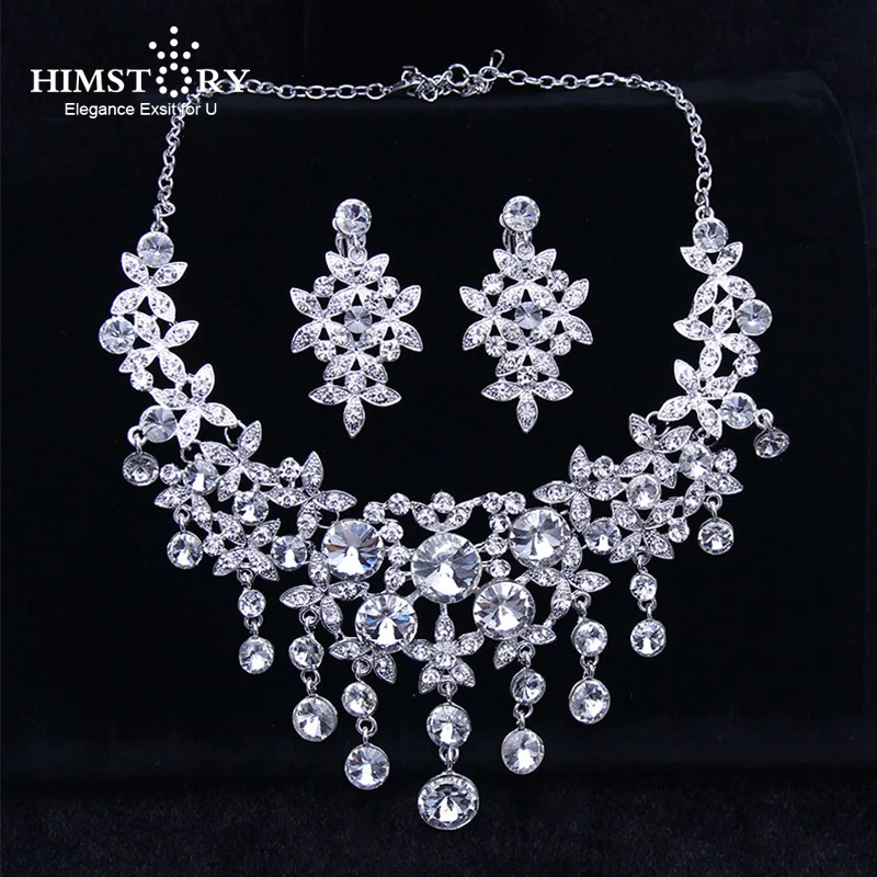 

HIMSTORY Tassel Glass Crystal Wedding Jewelry Sets Necklace and Earrings for Women