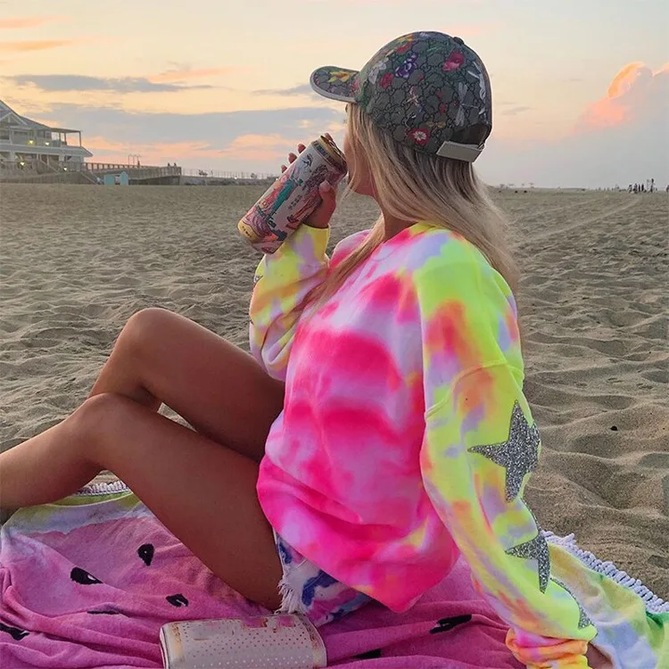 BKLD 2021 New Plus Size Women Clothing Casual Crewneck Sweatshirt Loose Harajuku Streetwear Long Sleeve Tie Dye Printing Hoodies