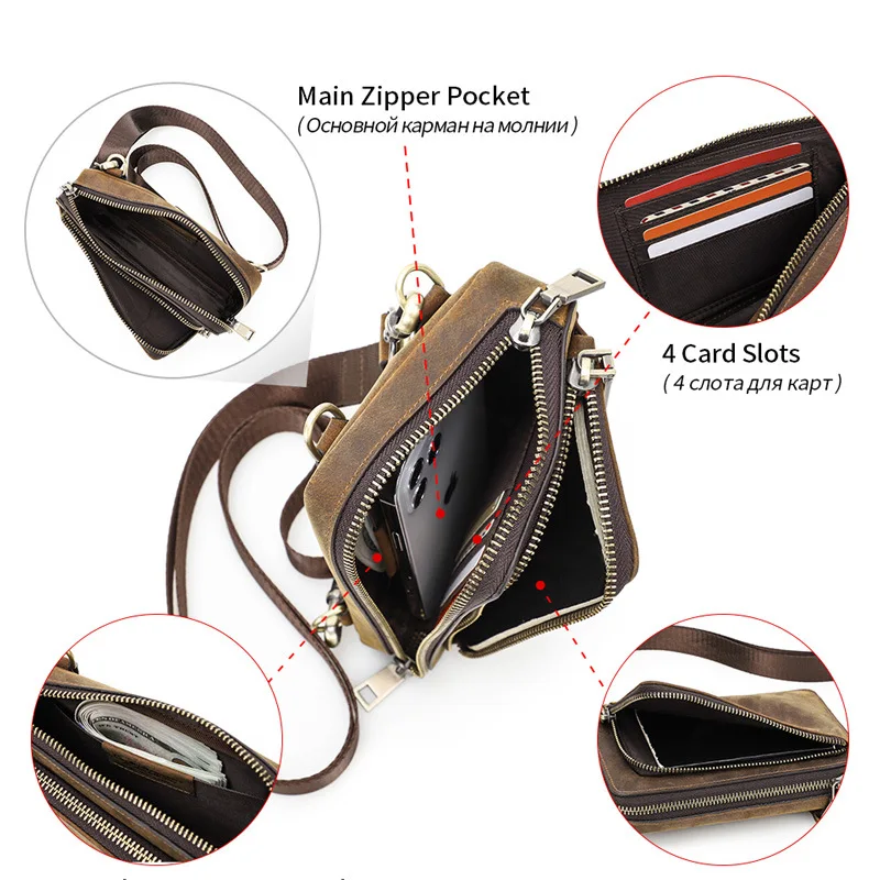 Men's Crossbody Bag Genuine Leather Shoulder Sling Bag Small Messenger Waist Pack Multifunctional Long Wallet for Men