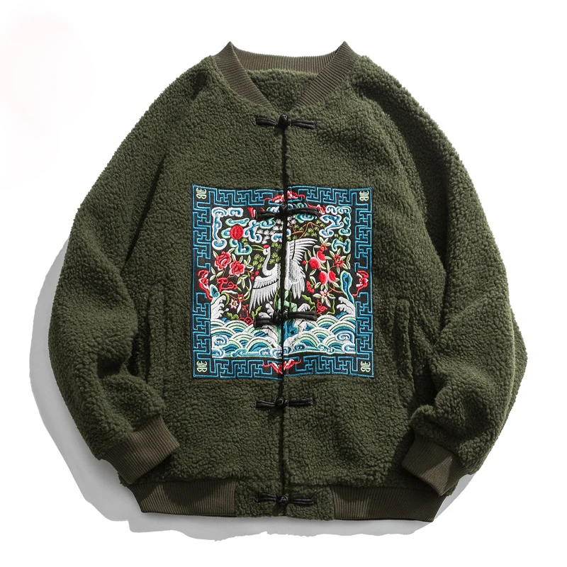 Crane Embroidery Dreamless Chinese Style Men's Winter Thickened Lamb Wool Stand-up Collar Cotton-Padded Coat Couple