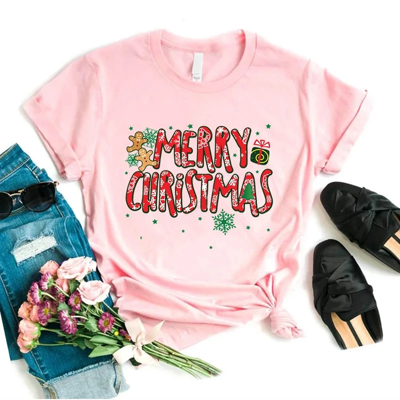 

Merry Christmas Letters Print Women Tshirts New T-shirt Harajuku Fashion Short Sleeve Pink Loose Summer Lady Christmas T Shirts