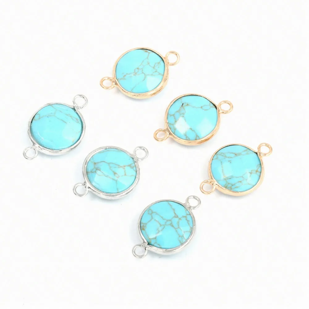 

Natural Stone turquoise Pendant Round shape Double Hole Connector for Jewelry Making DIY charm Necklace Bracelet Accessories