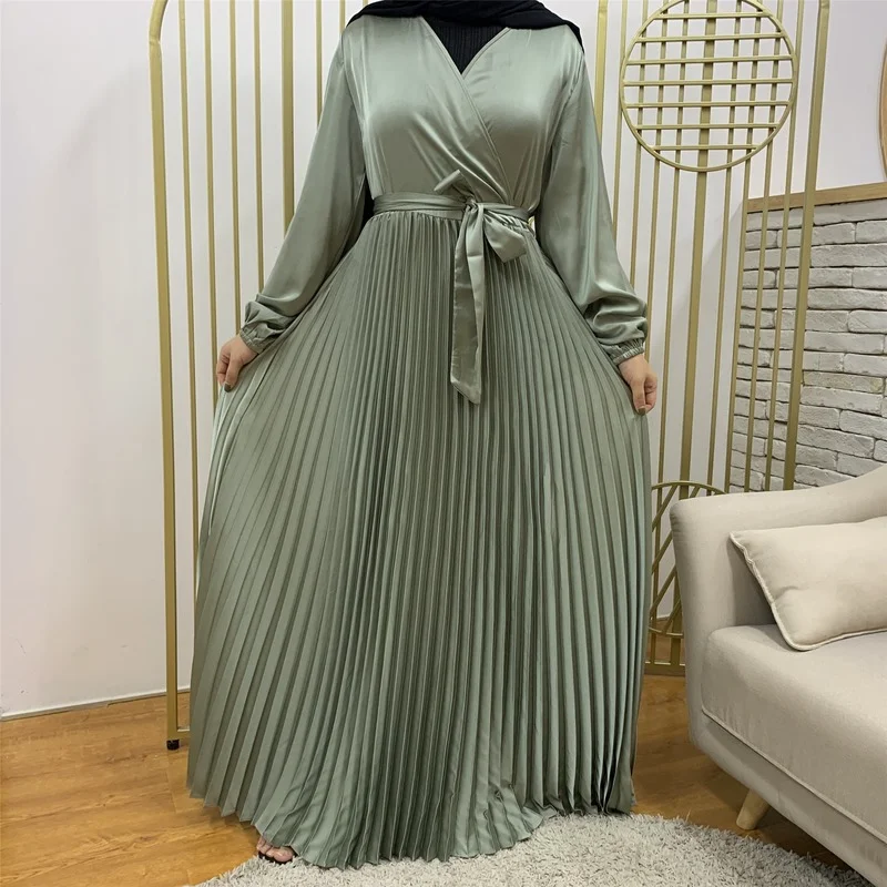 ИД атласное платье-хиджаб для женщин, модное платье с длинным рукавом и вырезом горловины, плиссированные платья с поясом, мусульманское, Ду...