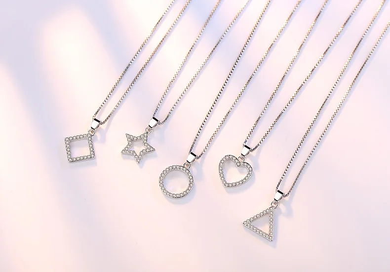 5 Modle 925 Sterling Silver Crystal Zircon Star Heart Circle Square Pendant Necklace For Women Match 45cm Chain choker kolye