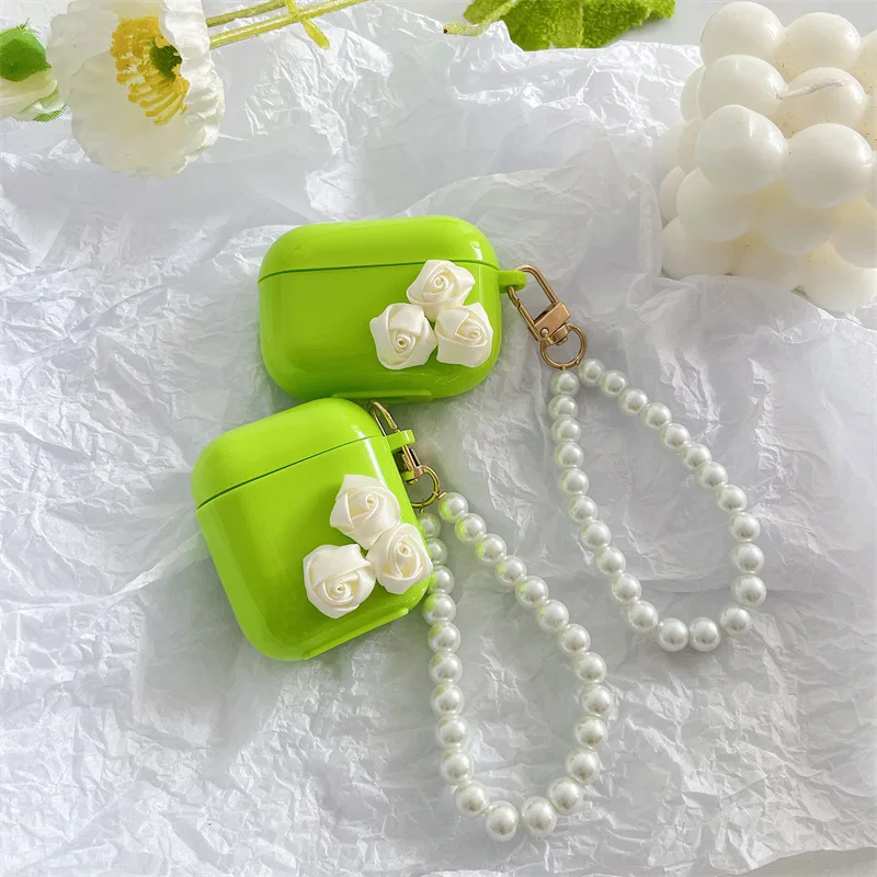 

White Rose Pearl Bracelet Green Apple AirPods 1 / 2 / 3 Pro Case Cover IPhone Earbuds Accessories Airpod Case Air Pods Case