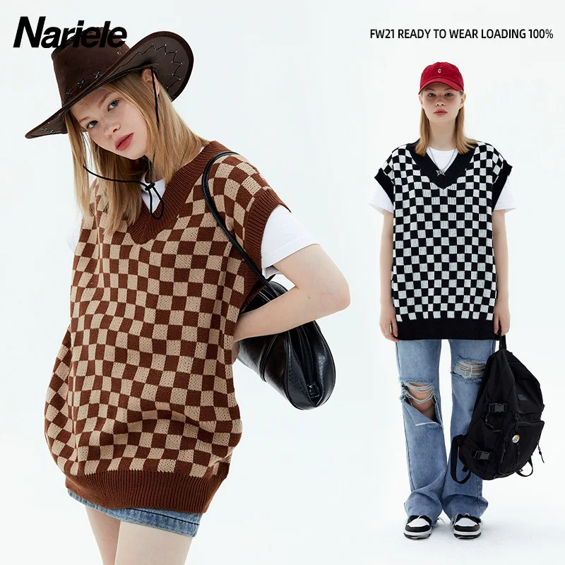 

Осень/Зима 2021 винтажный вязаный жилет над универсальным V-образным вырезом клетчатый свитер без рукавов жилет