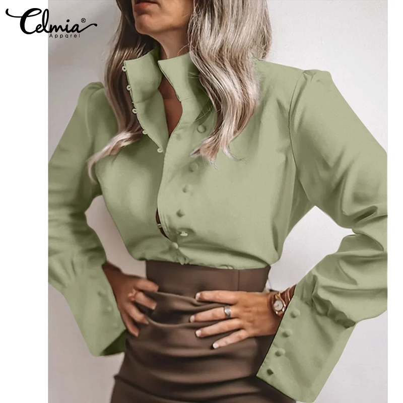 

Celmia Casual Lapel Blouses Women Solid Color Elegant Office Lady Tops Buttons Long Puff Sleeve 2022 Fashion Blusas Mujer Shirts