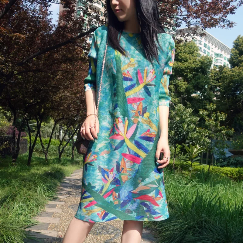 LANMREM Модное Новое плиссированное платье для женщин с принтом в виде листьев