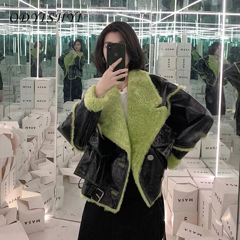 

2021Parka Winter Thick Women Coat Plush Splicing Faux PU Leather Biker Jacket Short Ladies Fashion Loose Warm Outwear Female