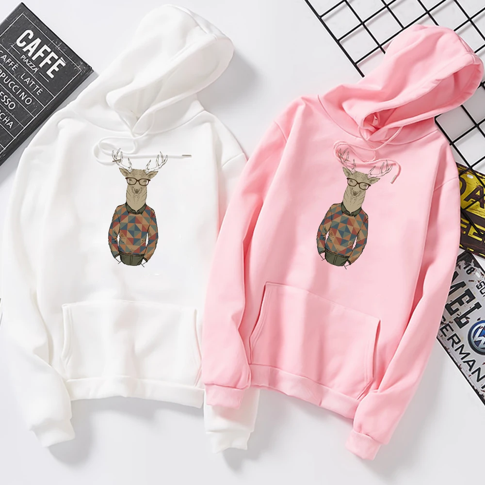 

Fashion Drawstring Gentleman's Deer Graphic Print Fleece Warm Women Hoodies Sweatshirt Soft Sprout Kpop Streetwear Harajuku