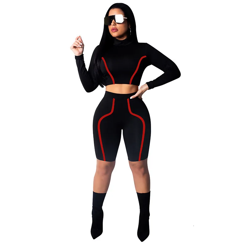 Autumn Women Two Piece Set Stripe Long Sleeve Trutleneck Crop Tops With High Waist Pants Tracksuit Sport Wear Ensemble Femme Rm* |