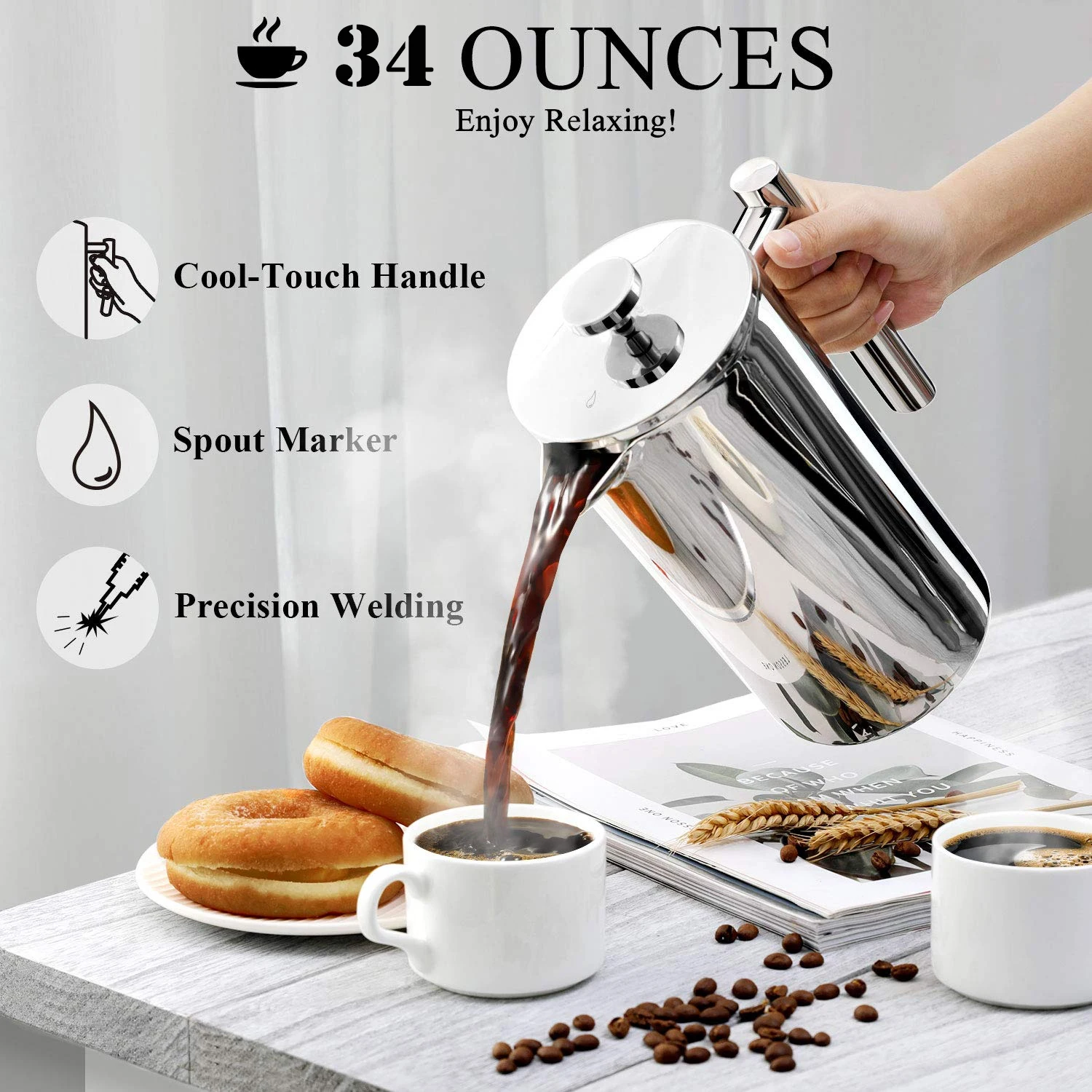 

French Press Coffee Maker 4 Level Filtration Coffee Percolator Pot Large Capacity Manual Teapot Coffee Machine 350/800/1000ML
