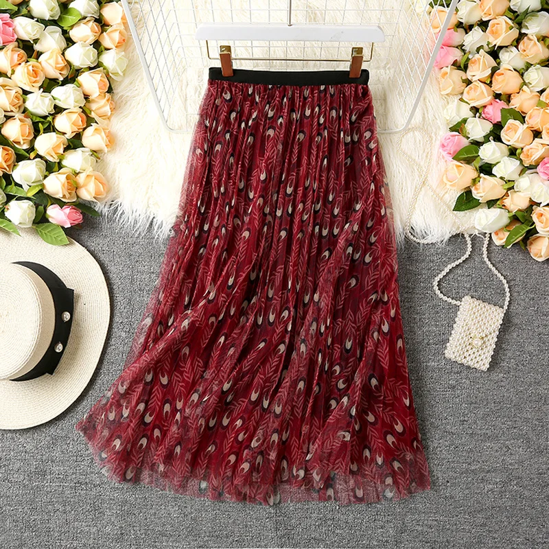 

Falda Plisada De Mujer 2021 Summer Casual Vintage Green Feather Print Mesh Skirt Fashion Korean Style High Waist Pleated Skirt