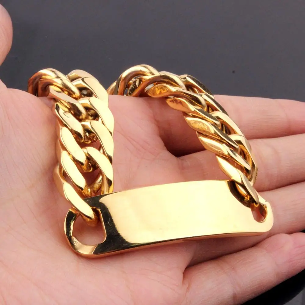 

Top Sale 316L Stainless Steel Heavy New Polished Mens ID Double Curb Chain Bracelet Bangle Best Gift High Quality 15mm