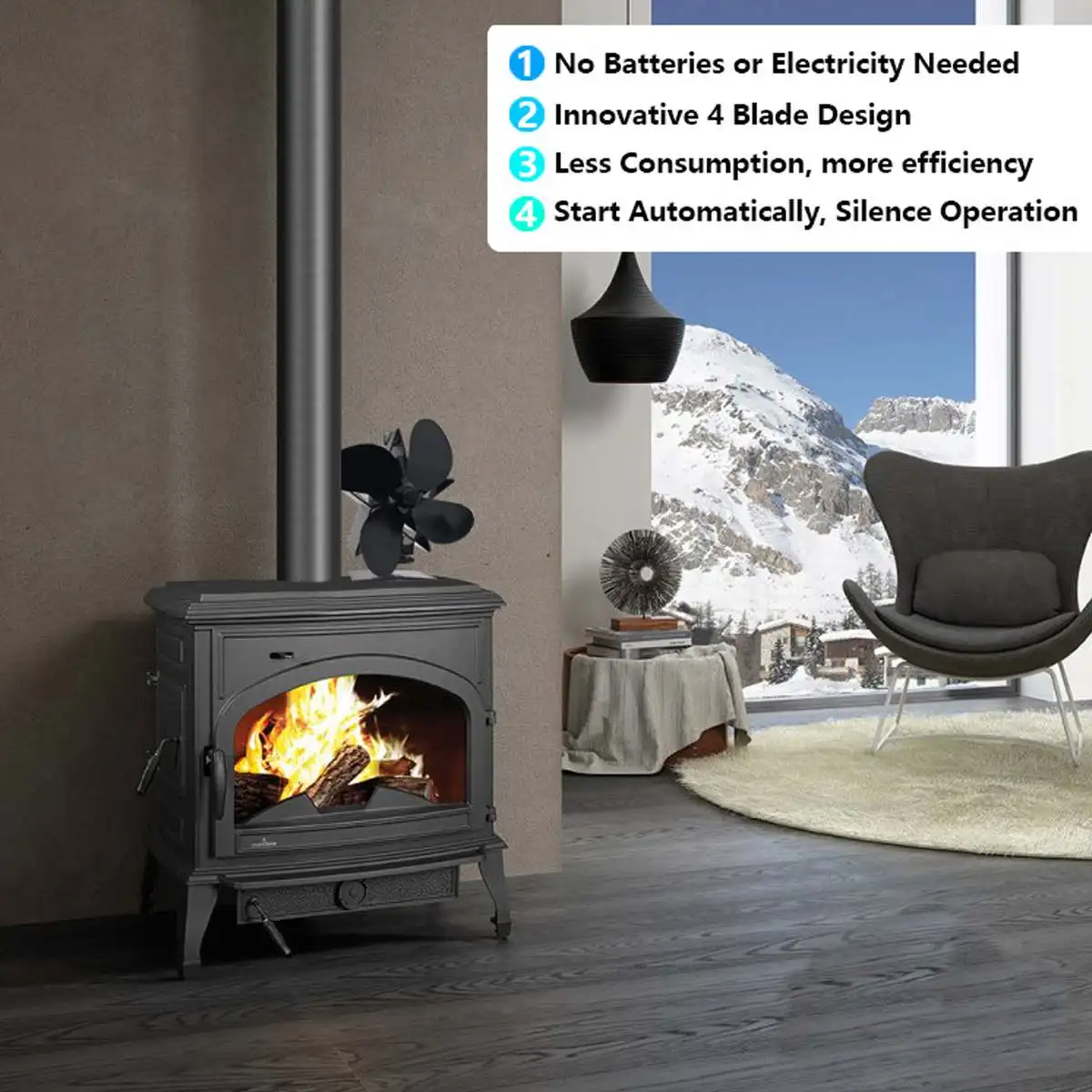 

Black Fireplace 4 Blades Heat Powered Stove Fan Log Wood Burner Quiet Home Fireplace Fan Efficient Heat Distribution
