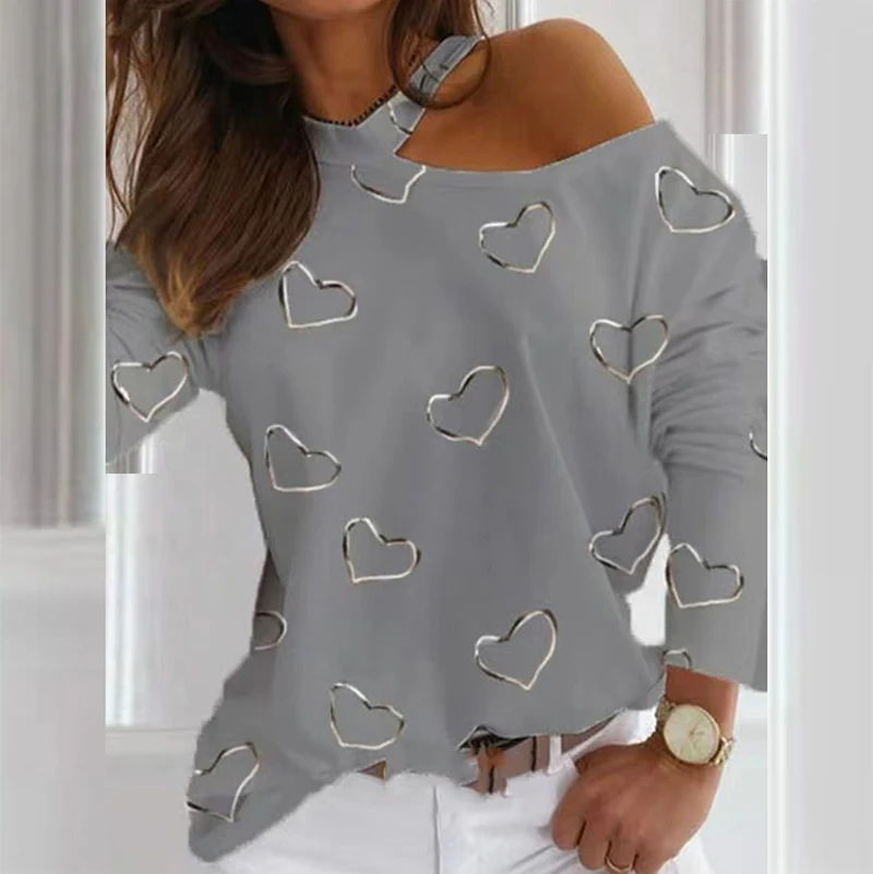 

Fashion New Women's T-Shirt Elegant Shoulder Out Heart-Shaped Printed Female T-Shirt Casual O-Neck Long Sleeve Lady T-Shirt