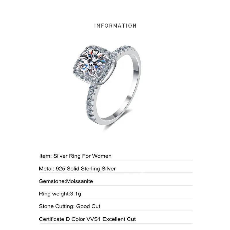 

925 Sterling silver gold-plated women's 1 ct moissanite ring four-claw square bag engagement ring fine jewelry JA-51