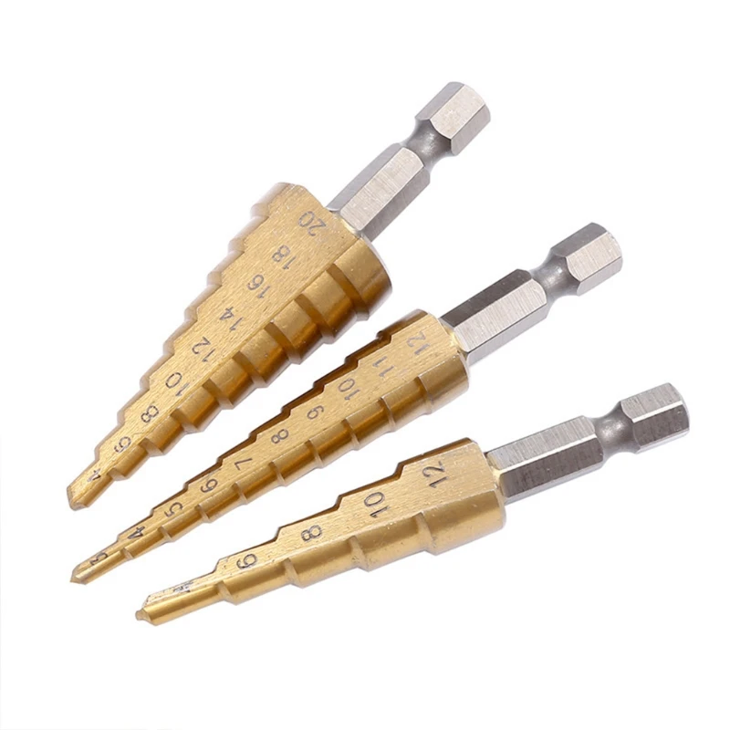 

28GF High Quality Hexagonal Shank Step Drill Punching and Reaming Wood Boards Multi-hole Taper Drill Bit 3 Pieces Step Drill