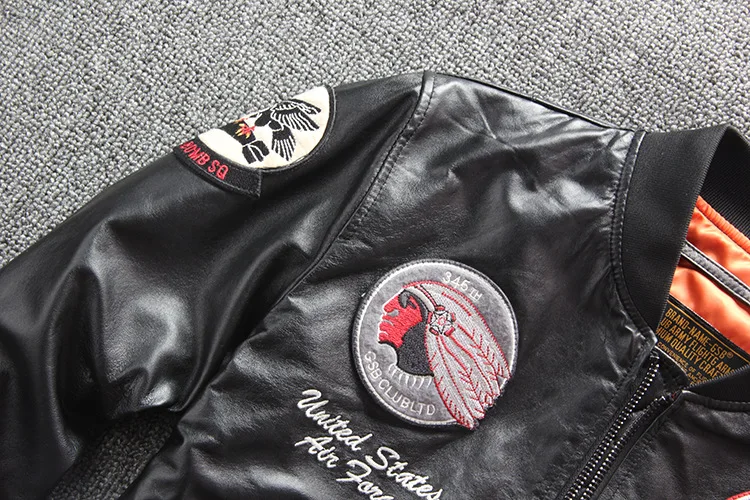 

Leather Jackets Genuine Coats Men's Sheepskin Indian Embroidered Slim MA-1 Flight Baseball Jacket Male Free Fast Ship