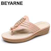 beyarne women casual flat wedge briefs summer woman bohemia metal button thongs beach shoes sandals slipper zapatos de mujer