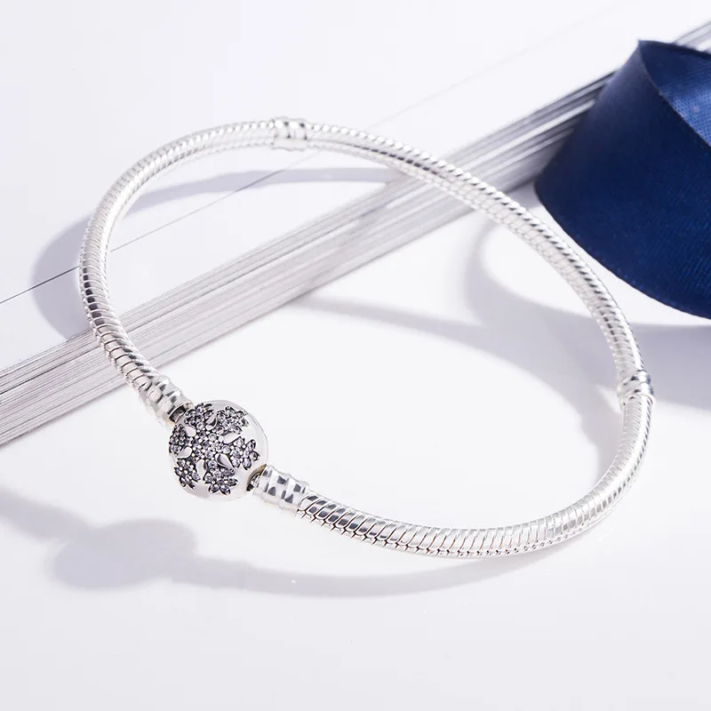 

925 Sterling Silver Pan Bracelet Crystal Snowflake Clap Snake Chain Bracelet Bangle Fit Women Bead Charm Fashion Jewelry