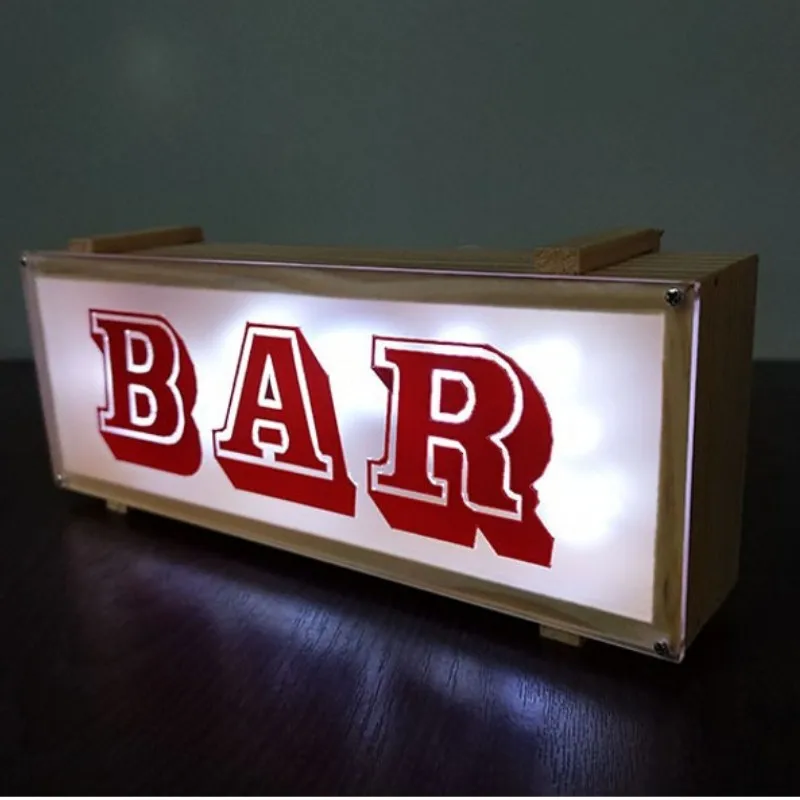 

LED Personalized LOGO Customized Bar BAR Solid Wood Light Box Home Decoration Party Guide Night Light 3*AA Battery Power Supply