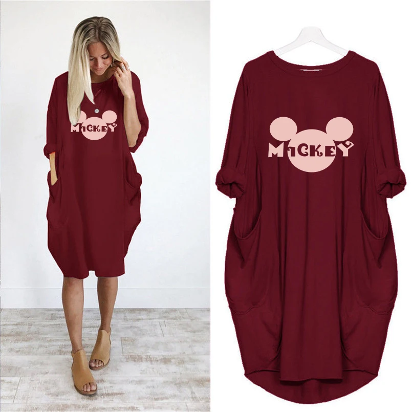 

Women Dress Disney Cartoon Mickey Mouse Printing Midi Dresses Pocket Loose Vintage Womens Clothes Party Casual Vestidos 2021