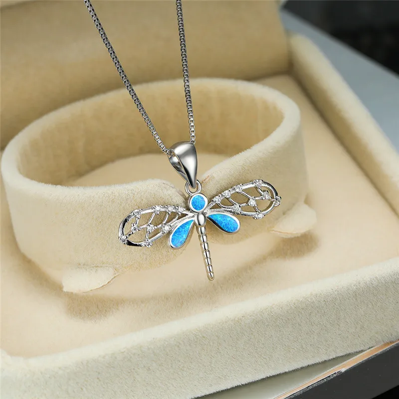 

Cute Female Blue White Opal Pendant Necklace Gold Silver Color Necklaces For Women Vintage Animal Dragonfly Wedding Necklace