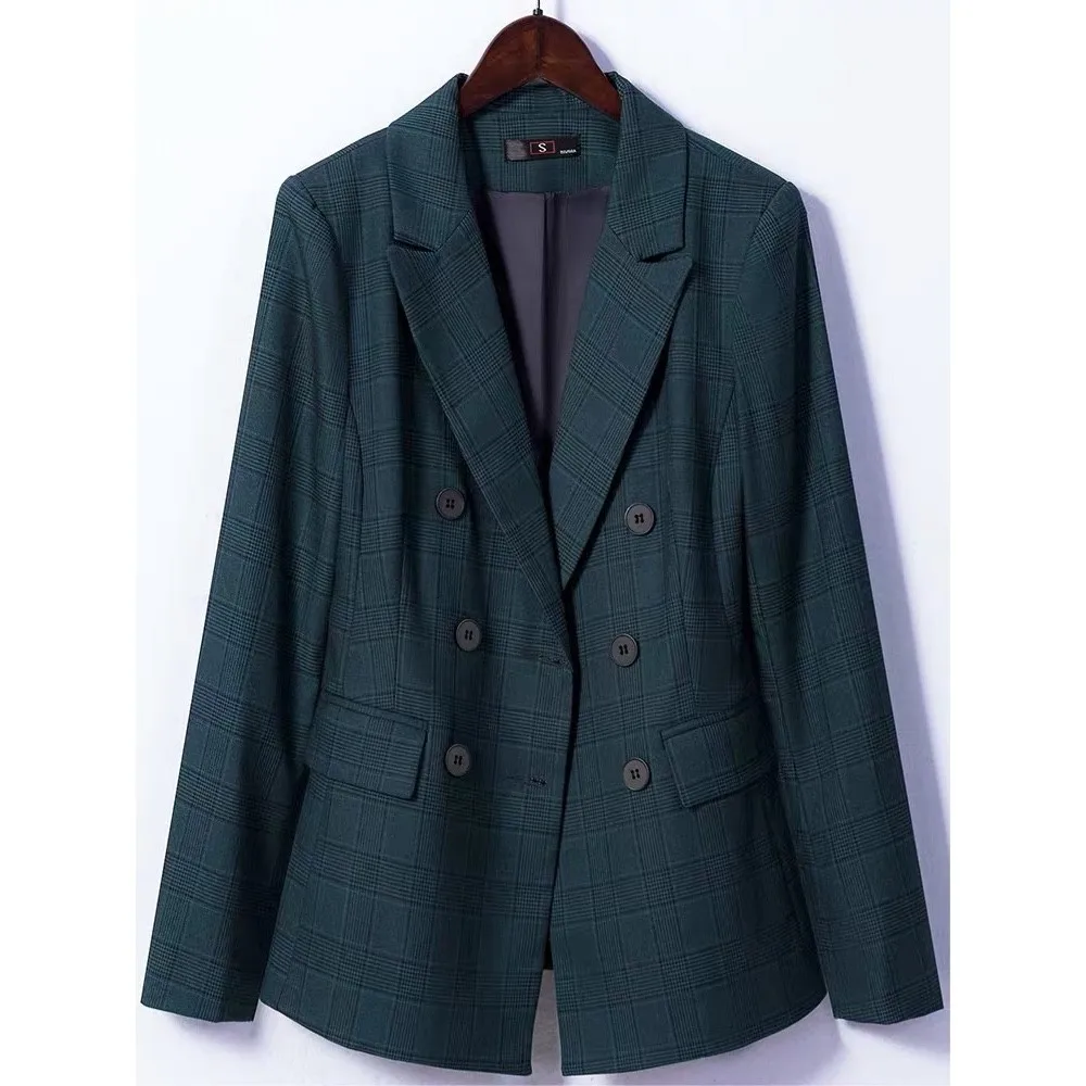 

Lauri Laki Vintage Plaid Blazer Coats Women Office Lady Elegant Purple Double Breasted Blazer Jacket Autumn Winter Outerwear