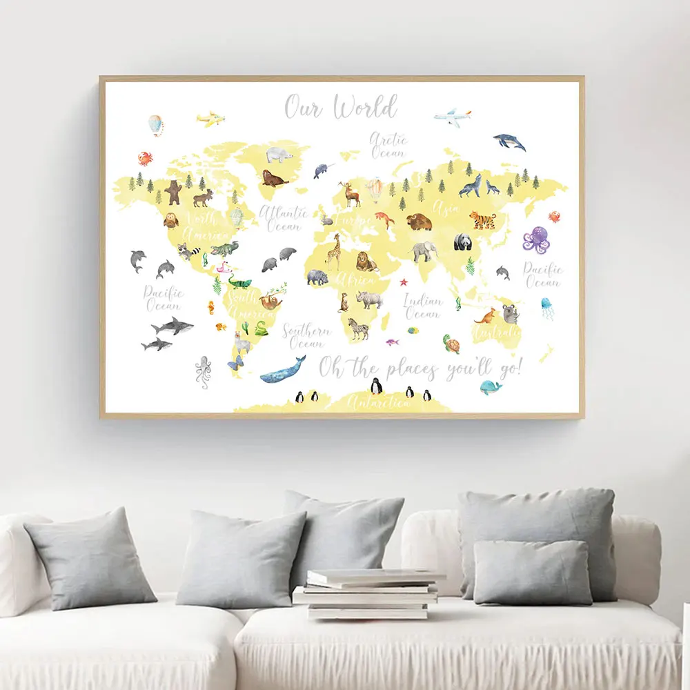 Мультфильм животных карта мира Картина детей Плакат Детская Wall Art Печать холст