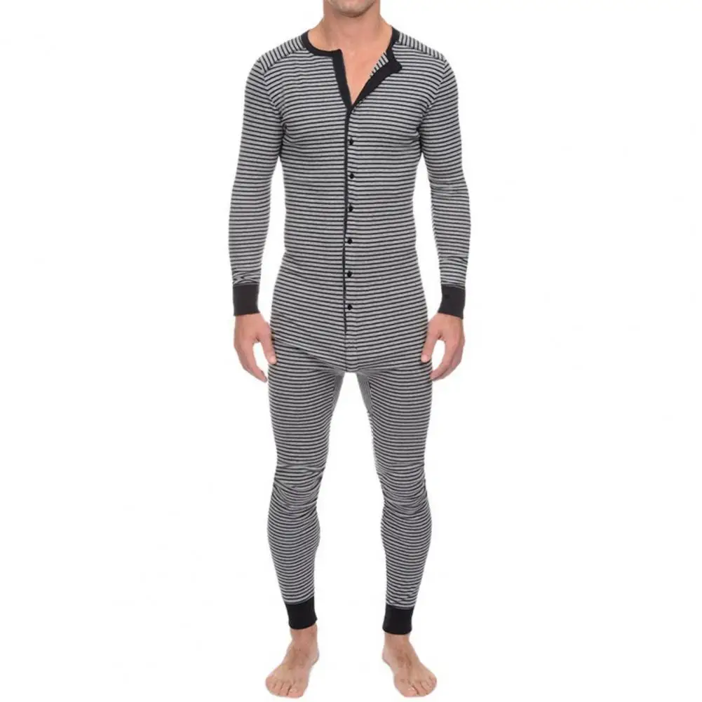 Men Underwear Pajama Skinny Striped Jumpsuit Long Sleeve O Neck Buttons Romper Sleepwear Overall Wholesale Onesies- Pajama Set