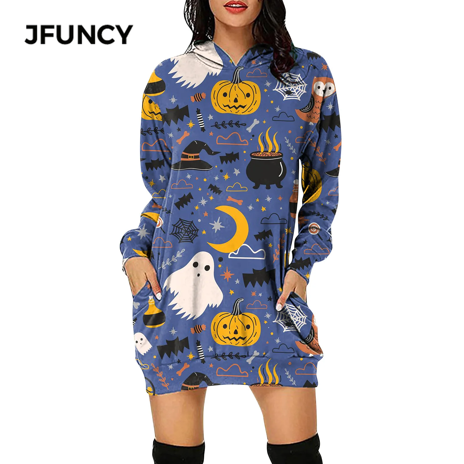 

JFUNCY Хэллоуин женский свитер платье Осень Мультфильм Тыква печати женщина пуловер с капюшоном с длинным рукавом Мини платья одежда