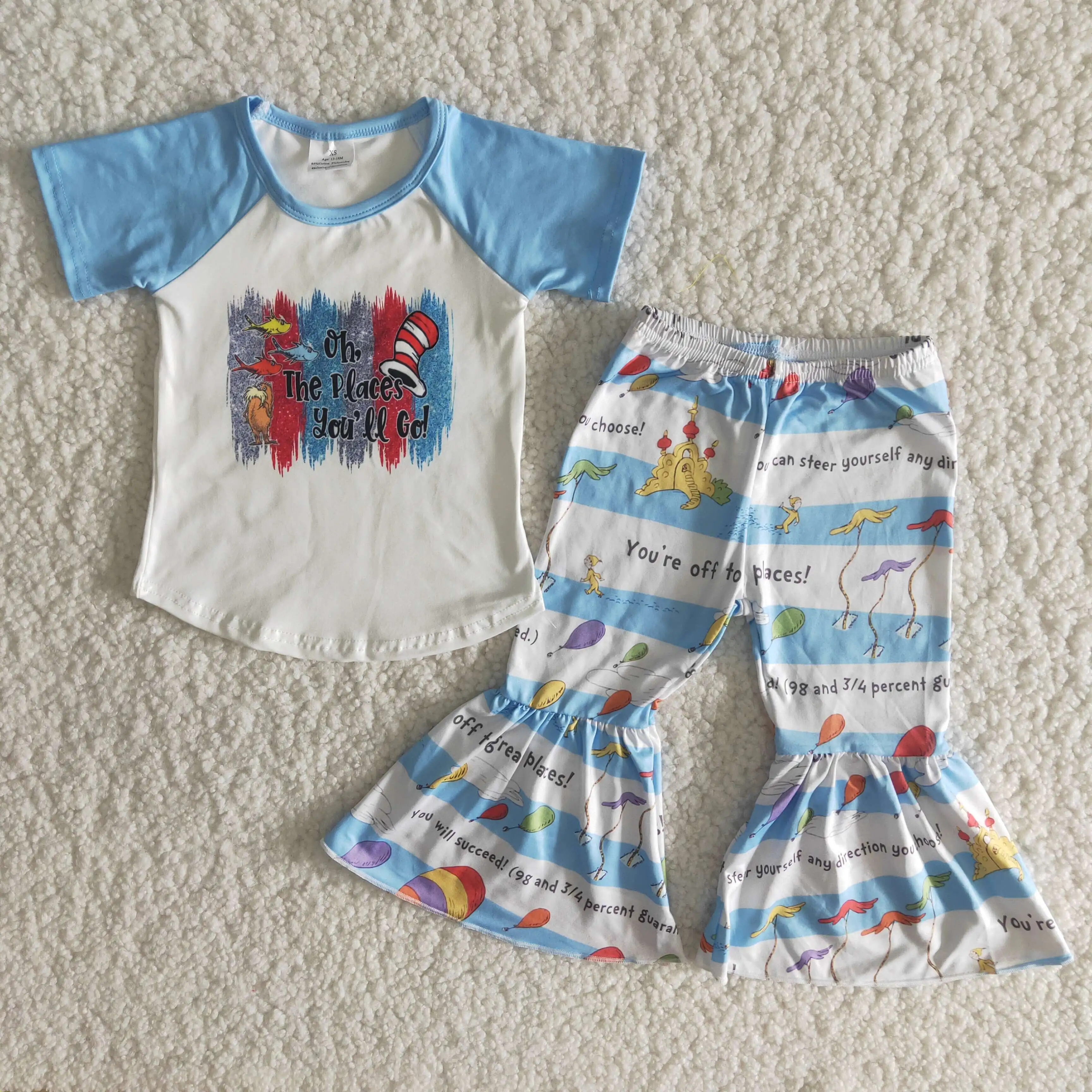 

Summer 2021 new children girls all-match two-piece suit boutique suit blue short-sleeved cartoon fashion flared pants