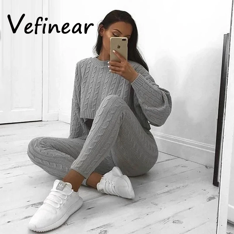 Комплект из 2 предметов женский зимний теплый однотонный вязаный костюм с