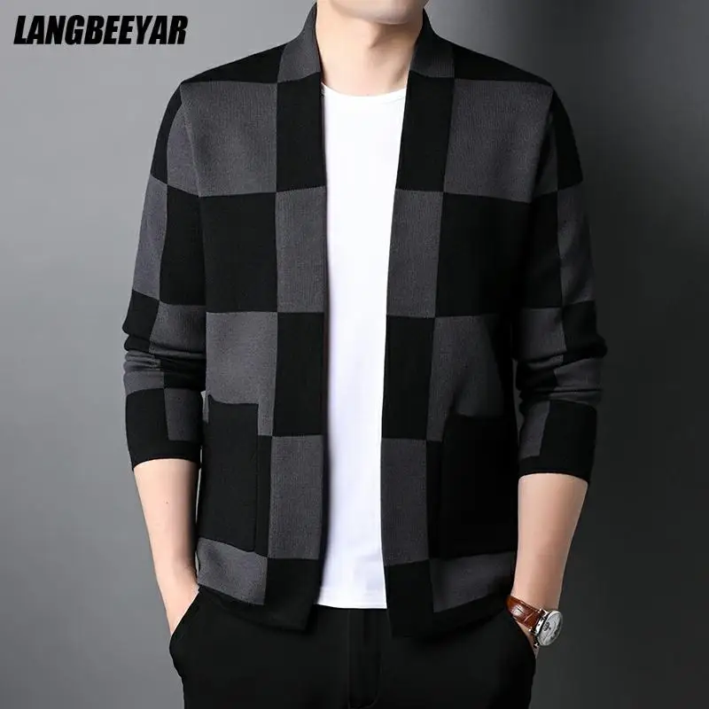 

New Brand Fashion Japanese Autum Winter Trendy Plaid Knit Streetwear Cardigan Men Sweater Casual Coats Jacket Men's Clothing