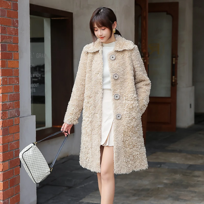 Woman 2022 Winter New Genuine Fur Sheepskin Coats Ladies Long Casual Wool Outwear Female Thick Warm Sheep Shearing Jacket X725