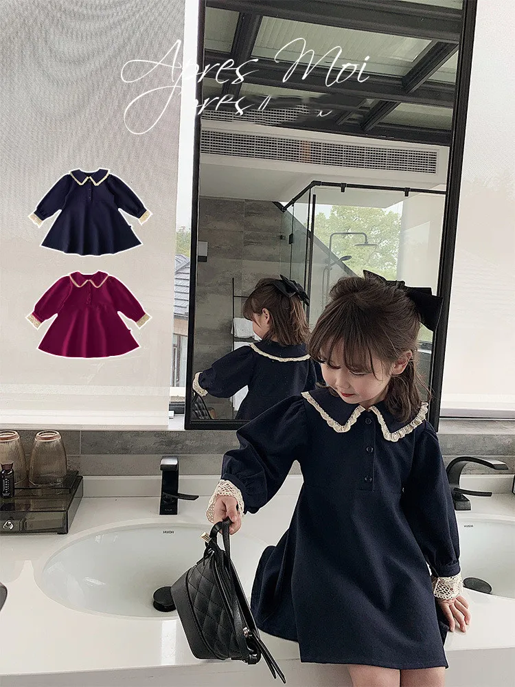 

2021 Autumn Dress Girl Pure Color Female Long-Sleeved Navy Blue Autumn Princess Dress Korean Princess Children Wear