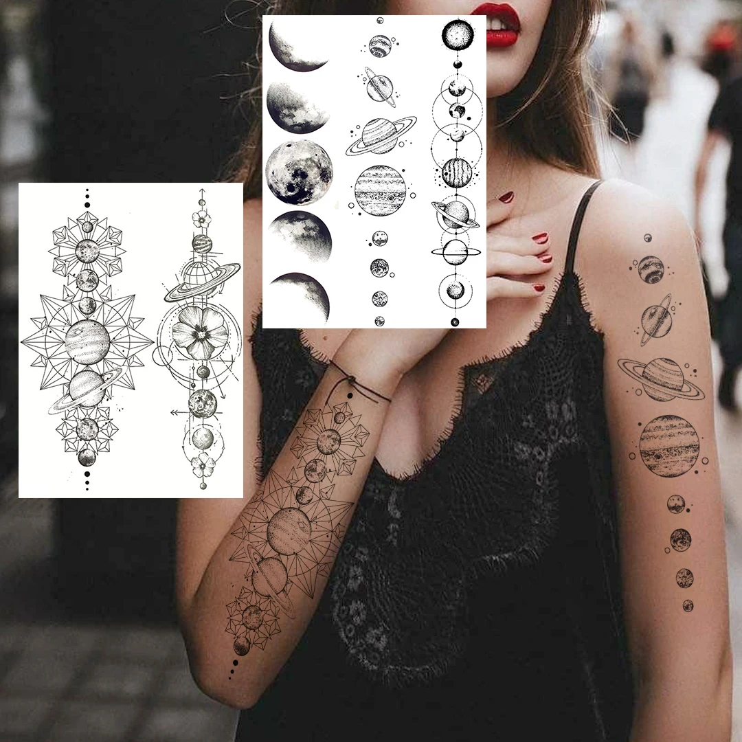 

Large Space Chains Temporary Tattoos For Women Men Planet Star Tattoo Sticker Realistic Fake Disposable Body Legs Beauty Art DIY