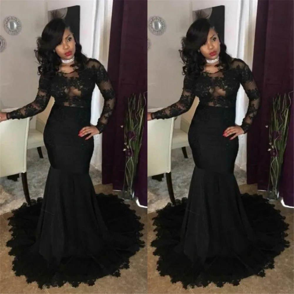 

Real Image Black Lace Mermaid Prom Dresses 2020 Sexy Transparent Back Long Sleeve Prom Gowns Elegant Evening Party Dresses