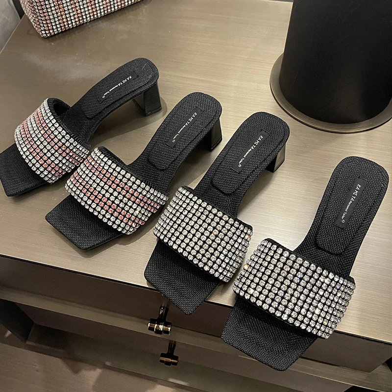 

Slippers Women Square High Heels Shoes 2022 New Rhinestone Slides Female Peep Toe Casual Flip Flops Ladies Slippers Pumps