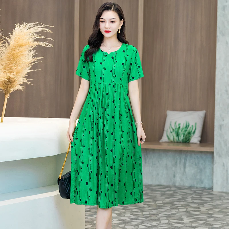 

Fashion Pleated Women Summer Dress Short sleeve Round Neck Dot Print Casual Dress Girls Sweet Cute A Line long Dresses Plus size