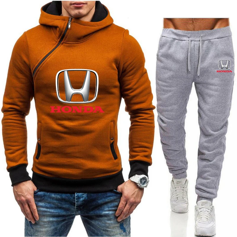 

2021 Autumn and winter men's two-piece HONDA car logo diagonal zipper pullover hooded sweater jogging sports hip-hop street suit