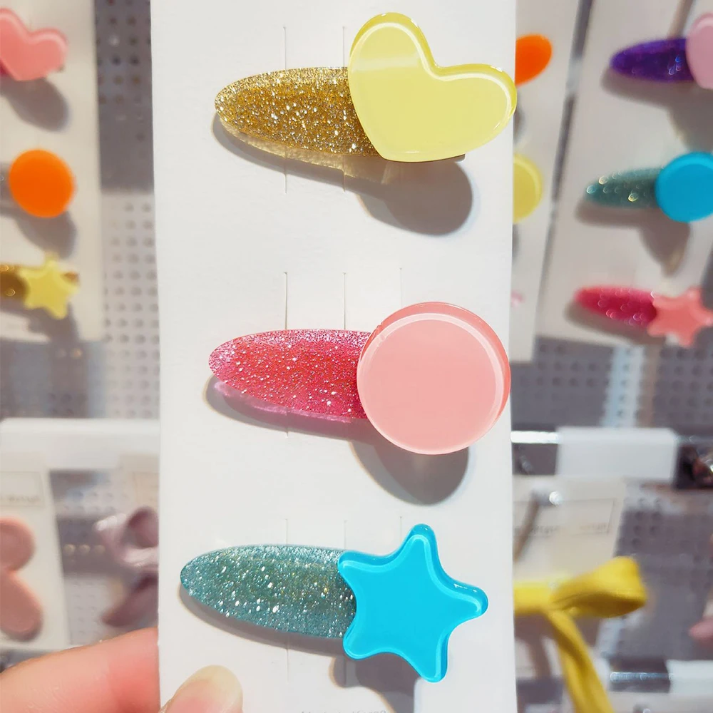 

3Pcs/set Korea Love Pentagram Acrylic Hairpins Set Cute Multicolor Bright Powder Heart Star Hair Clips Girls Headpiece