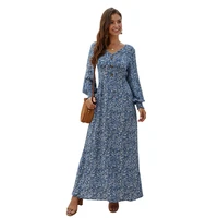 2021 european american summer new womens fashion v neck long sleeves skirt floral bifurcation casual temperament commuter dress