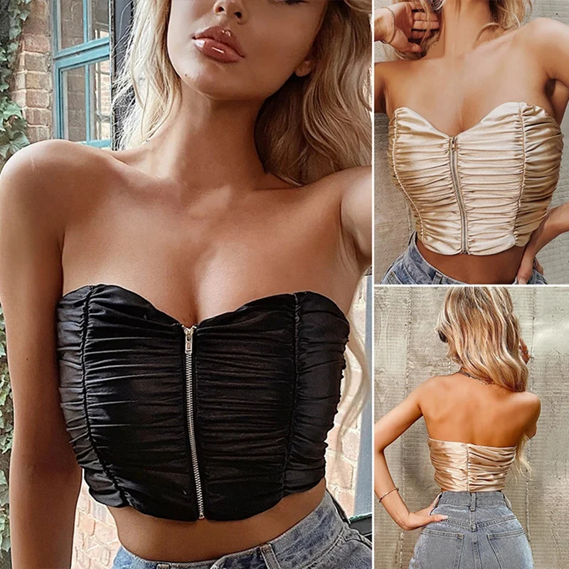 

Women's Fashion Solid Color Sexy Wrapped Chest Bare Navel Pleated Slim Fit Zip Vest