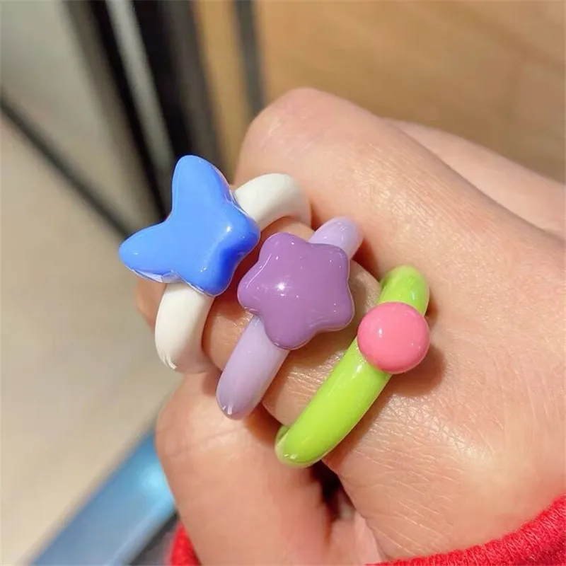 

2021 New Korean Lovely Aesthetic Colourful Butterfly Star Small Ball Acrylic Opening Rings For Women Girls Jewelry Gifts