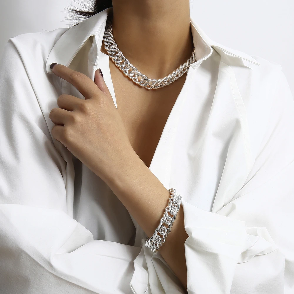 

Necklace and Bracelet Sets for Women Gold Silver Chunky Thick Cuban Chain Link Choker Bracelet Womens Jewelry Set Gift